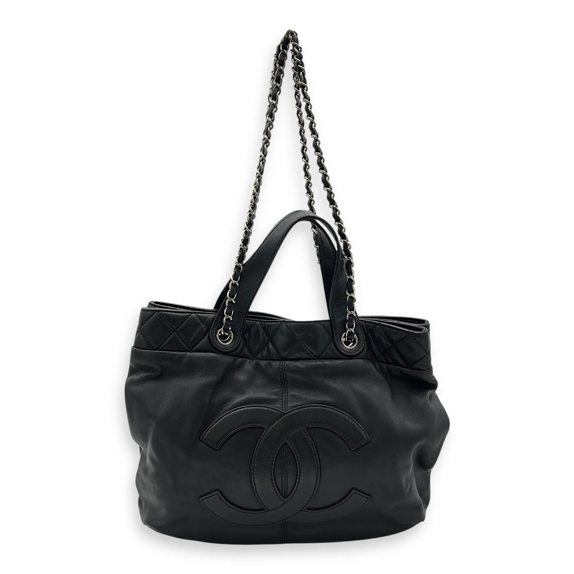 Trianon Shopping Black Tote Bag in Lambskin, Silver hardware