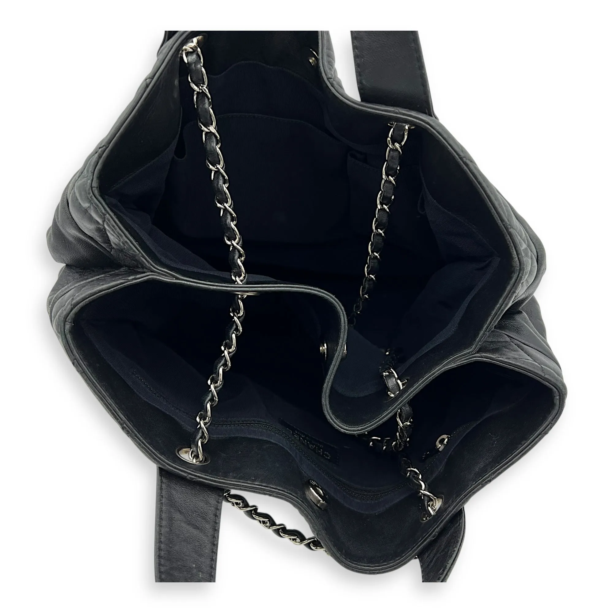 Trianon Shopping Black Tote Bag in Lambskin, Silver hardware