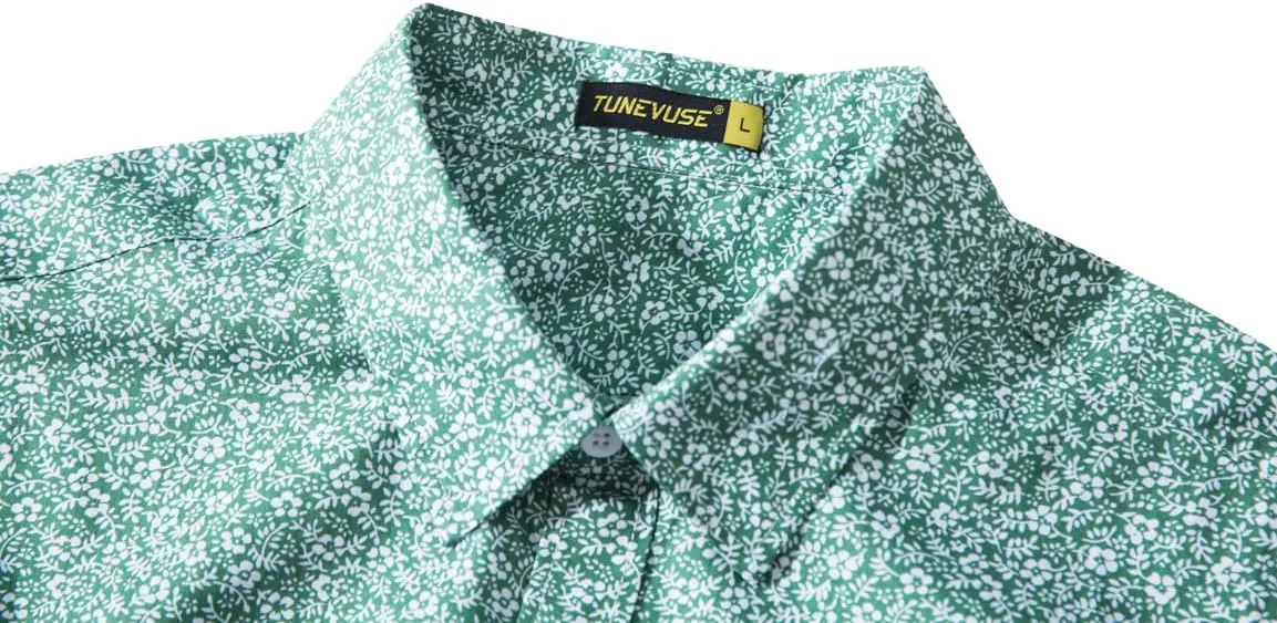TUNEVUSE Men Floral Dress Shirts Long Sleeve Casual Button Down Flower Printed Shirts 100% Cotton