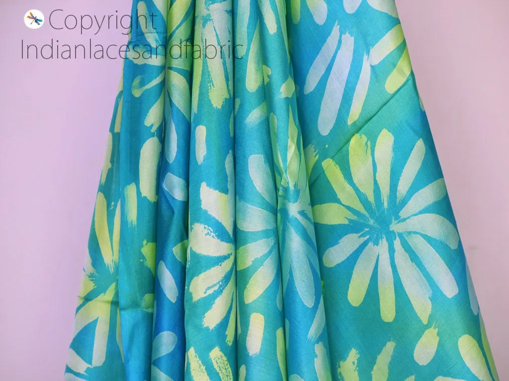 Turquoise Indian Saree Soft Pure Hand Printed Silk Fabric By The Yard Wedding Dresses Bridesmaid Party Costume Crafting Sewing Dupatta Scarf