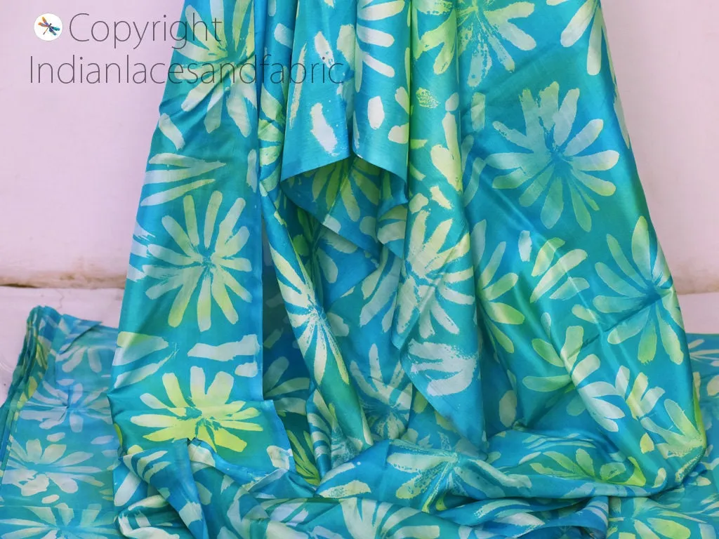 Turquoise Indian Saree Soft Pure Hand Printed Silk Fabric By The Yard Wedding Dresses Bridesmaid Party Costume Crafting Sewing Dupatta Scarf