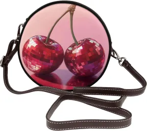 Two Cherries Disco Ball Women Round Crossbody Bags Leather Sling Bag Purse
