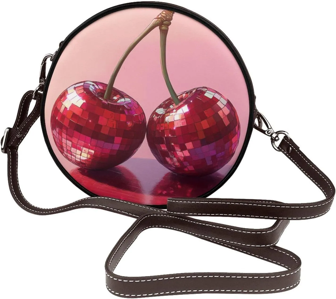 Two Cherries Disco Ball Women Round Crossbody Bags Leather Sling Bag Purse