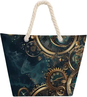 Two Steampunk Clocks with Gears Beach Bag Large Tote Bags Shopping Travel Gym Handbags with Rope Handles