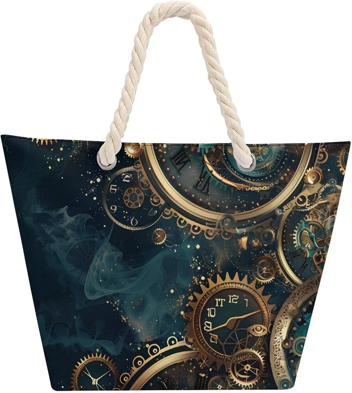 Two Steampunk Clocks with Gears Beach Bag Large Tote Bags Shopping Travel Gym Handbags with Rope Handles