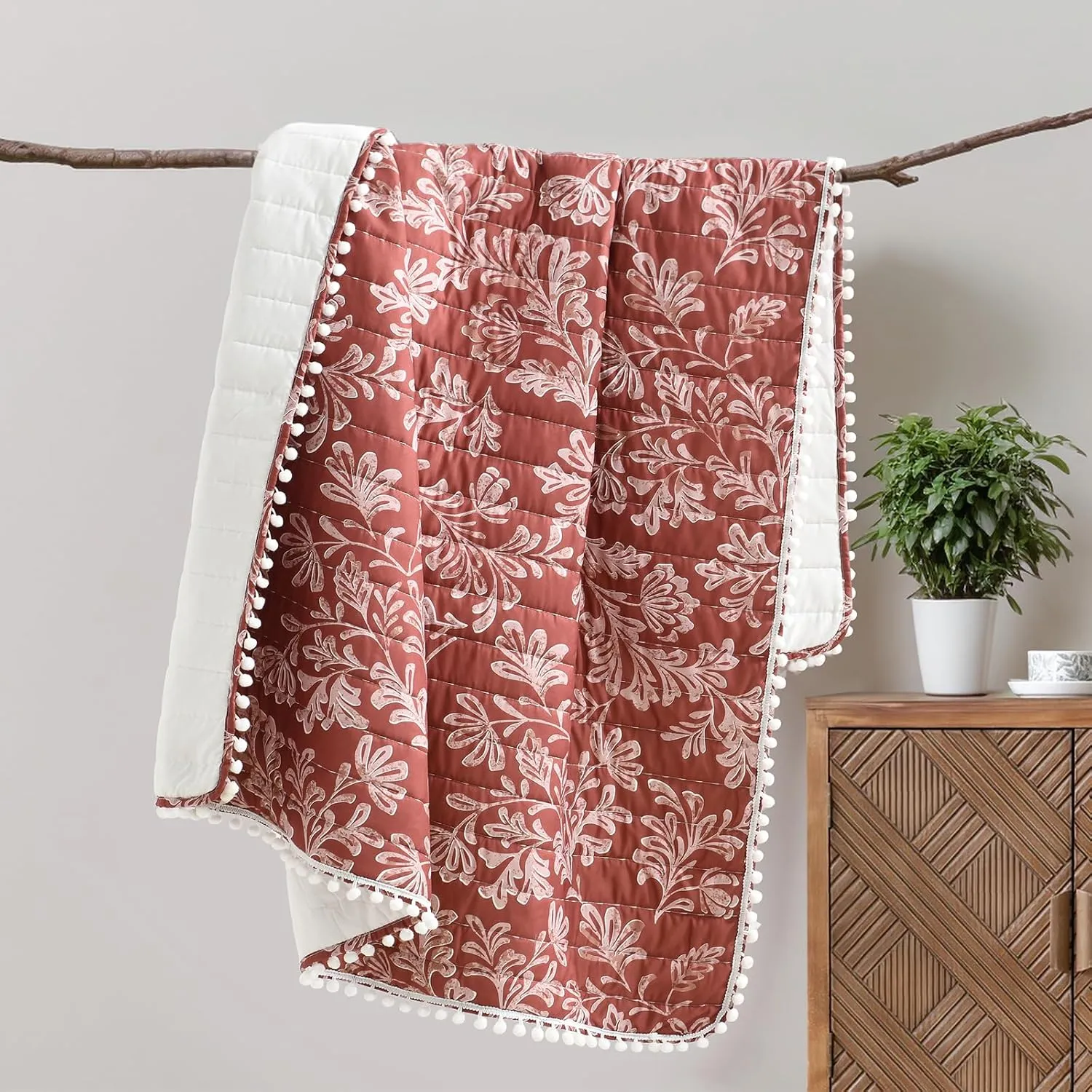 Ultra Soft Pre-Washed Quilted Throw Blanket, Floral Printed Pompom Fringed Dark Terracotta Decorative Throws, Chic Rustic Blanket for Sofa Couch Bed Chair, 50"x 60"