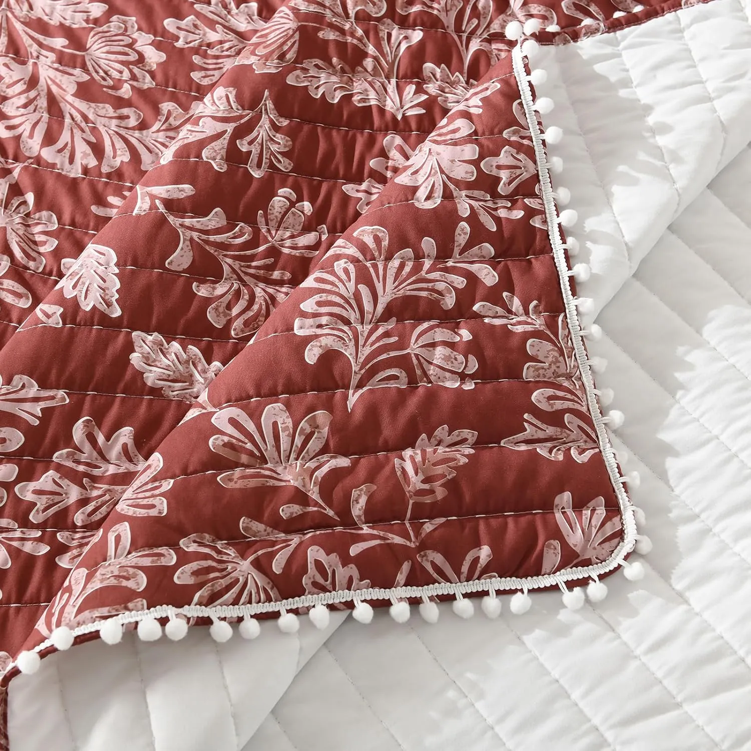 Ultra Soft Pre-Washed Quilted Throw Blanket, Floral Printed Pompom Fringed Dark Terracotta Decorative Throws, Chic Rustic Blanket for Sofa Couch Bed Chair, 50"x 60"