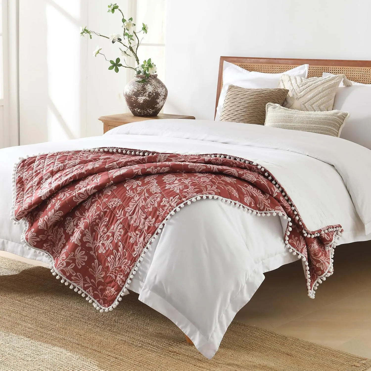 Ultra Soft Pre-Washed Quilted Throw Blanket, Floral Printed Pompom Fringed Dark Terracotta Decorative Throws, Chic Rustic Blanket for Sofa Couch Bed Chair, 50"x 60"