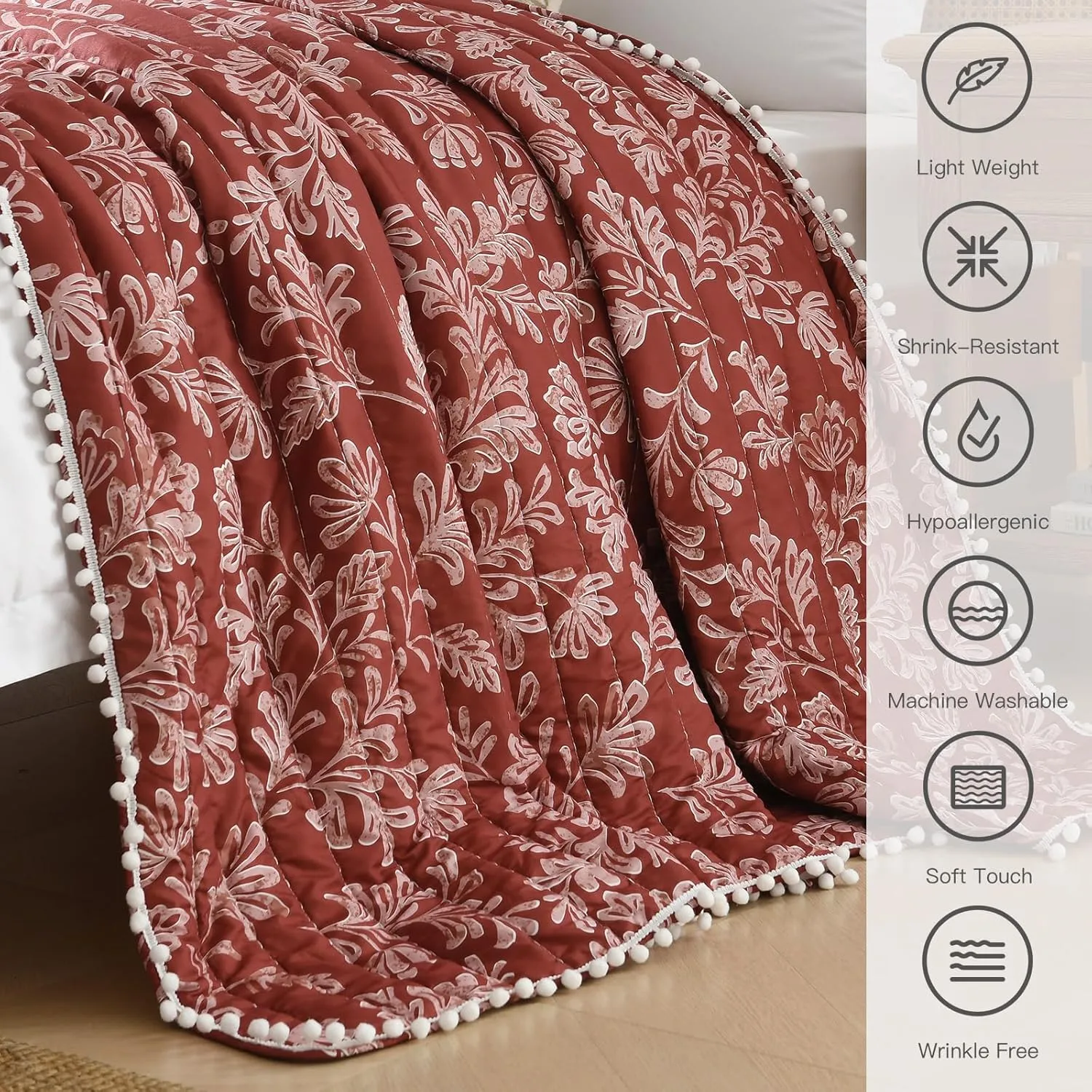 Ultra Soft Pre-Washed Quilted Throw Blanket, Floral Printed Pompom Fringed Dark Terracotta Decorative Throws, Chic Rustic Blanket for Sofa Couch Bed Chair, 50"x 60"