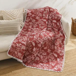 Ultra Soft Pre-Washed Quilted Throw Blanket, Floral Printed Pompom Fringed Dark Terracotta Decorative Throws, Chic Rustic Blanket for Sofa Couch Bed Chair, 50"x 60"