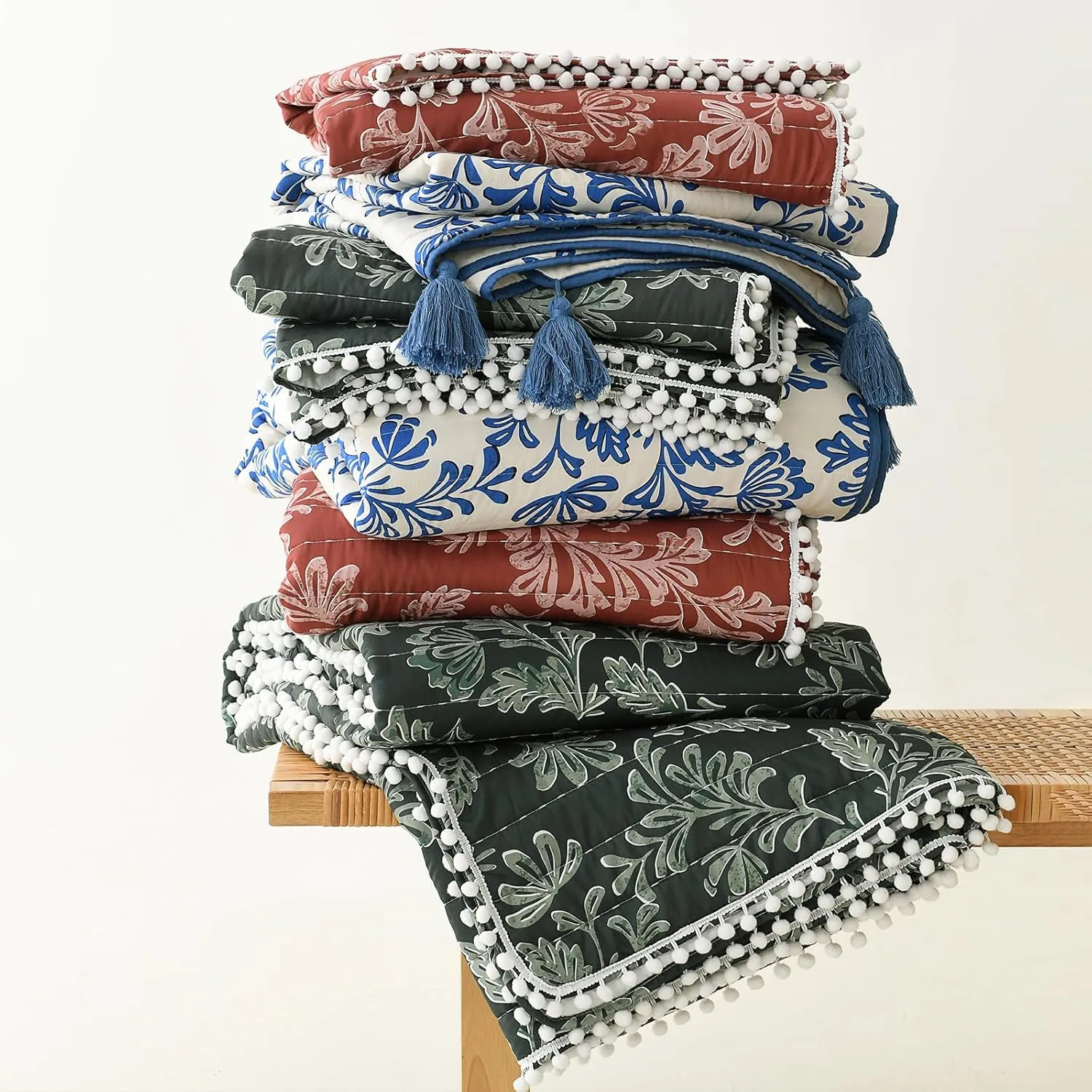 Ultra Soft Pre-Washed Quilted Throw Blanket, Floral Printed Pompom Fringed Dark Terracotta Decorative Throws, Chic Rustic Blanket for Sofa Couch Bed Chair, 50"x 60"