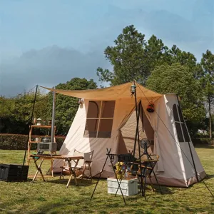 UNISTRENGH Waterproof 4 Season Cabin Tent Outdoor Family Camping Retro Spring Tent Large Rainproof Sunshade Shelters Tent with Roof Skylight, Canopy & Extra Wide Mesh Doors