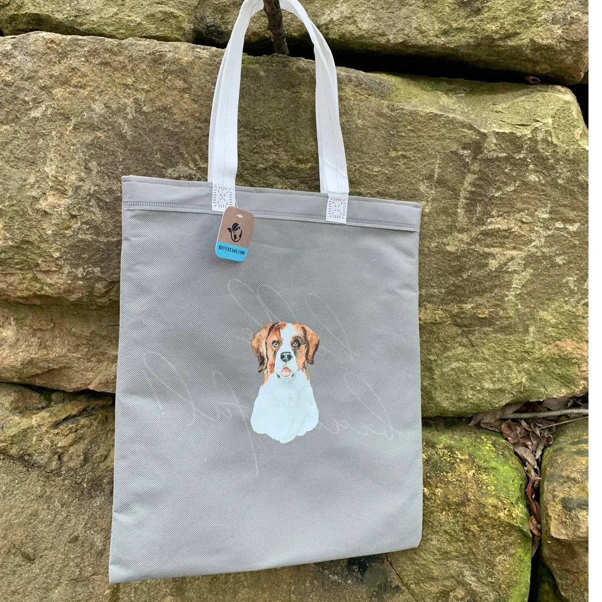Upcycled Hand Printed Handmade St Bernard Puppy Dog Tote Bag