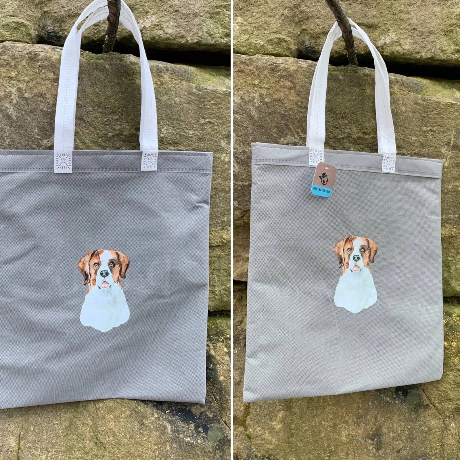 Upcycled Hand Printed Handmade St Bernard Puppy Dog Tote Bag