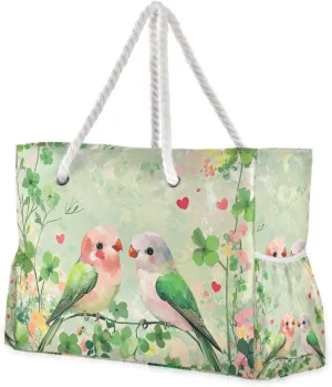 Valentine Cartoon Clover Flowers Love Bird Duffel Bags For Traveling Waterproof Sandproof with side pockets Large Tote Bag for Weekend Travel