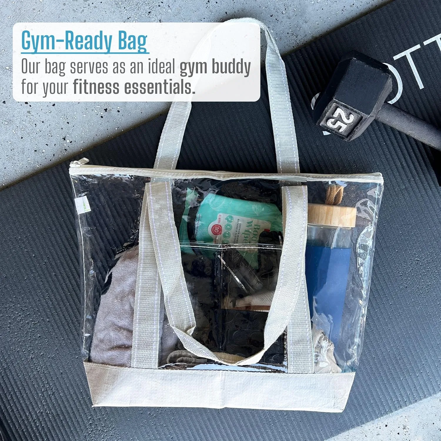 VENO 2 Pack Clear Beach Bag, Large Transparent Large Tote Bags for Women Swim Pool Gym Summer Vacation Essentials - Beige