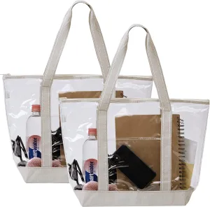 VENO 2 Pack Clear Beach Bag, Large Transparent Large Tote Bags for Women Swim Pool Gym Summer Vacation Essentials - Beige