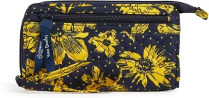 Vera Bradley Cotton Collegiate Front Zip Wristlet with RFID Protection (Multiple Teams Available), Navy/Gold Rain Garden