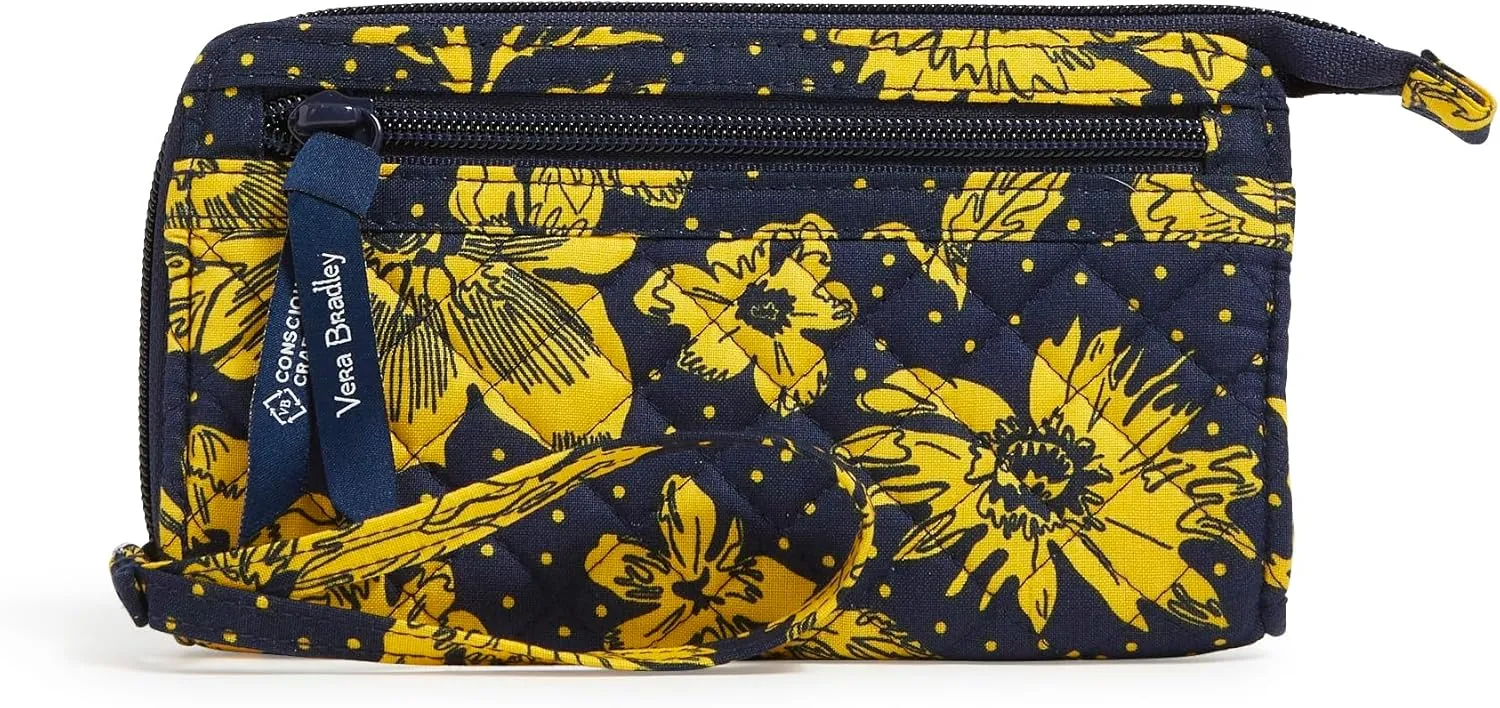 Vera Bradley Cotton Collegiate Front Zip Wristlet with RFID Protection (Multiple Teams Available), Navy/Gold Rain Garden