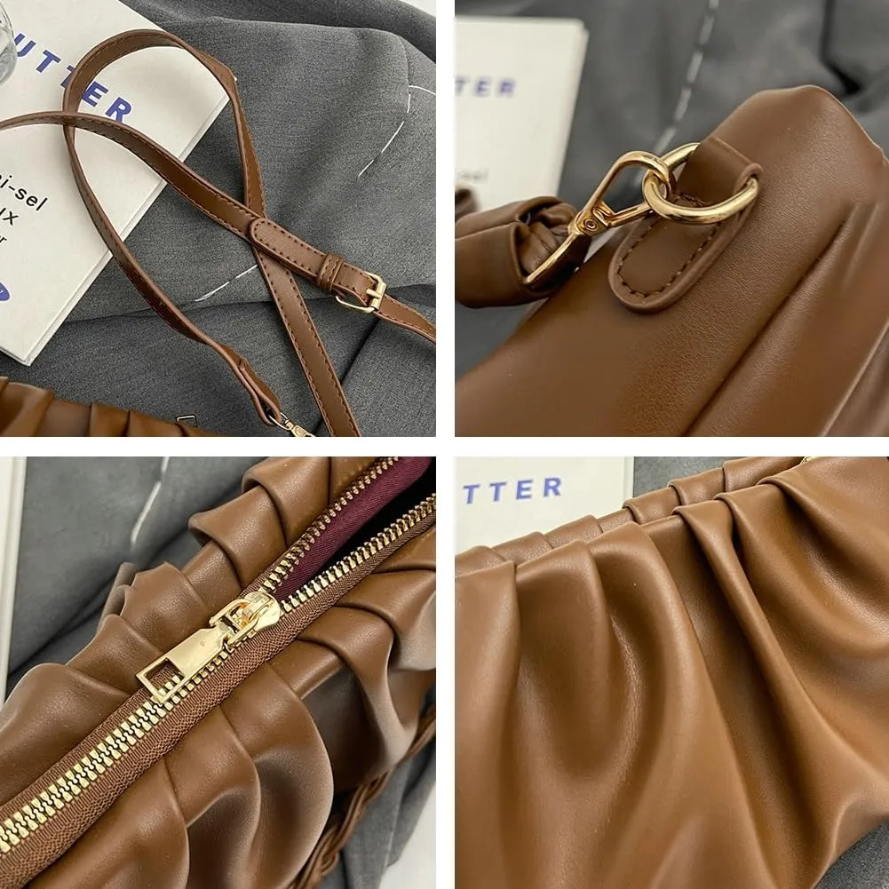 Versatile Pleated Shoulder Bags for Women Small Underarm Bag with Removable Strap Soft Vegan Leather Cross Body Bags
