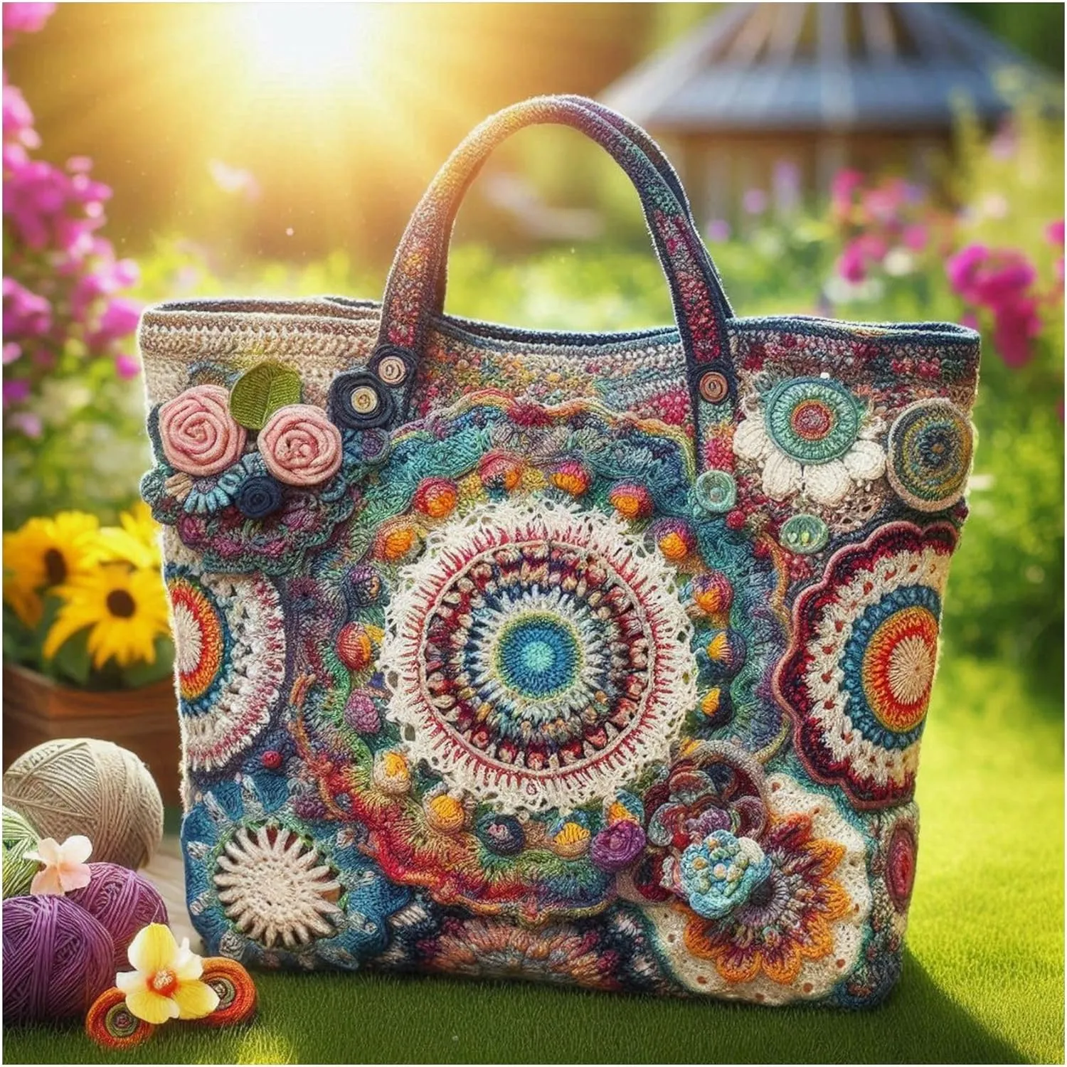 Vibrant Very Colorful Crochet Tote Bag Matte Poster, Made in USA, 18x18 Inch