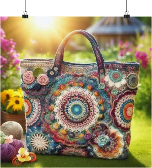 Vibrant Very Colorful Crochet Tote Bag Matte Poster, Made in USA, 18x18 Inch