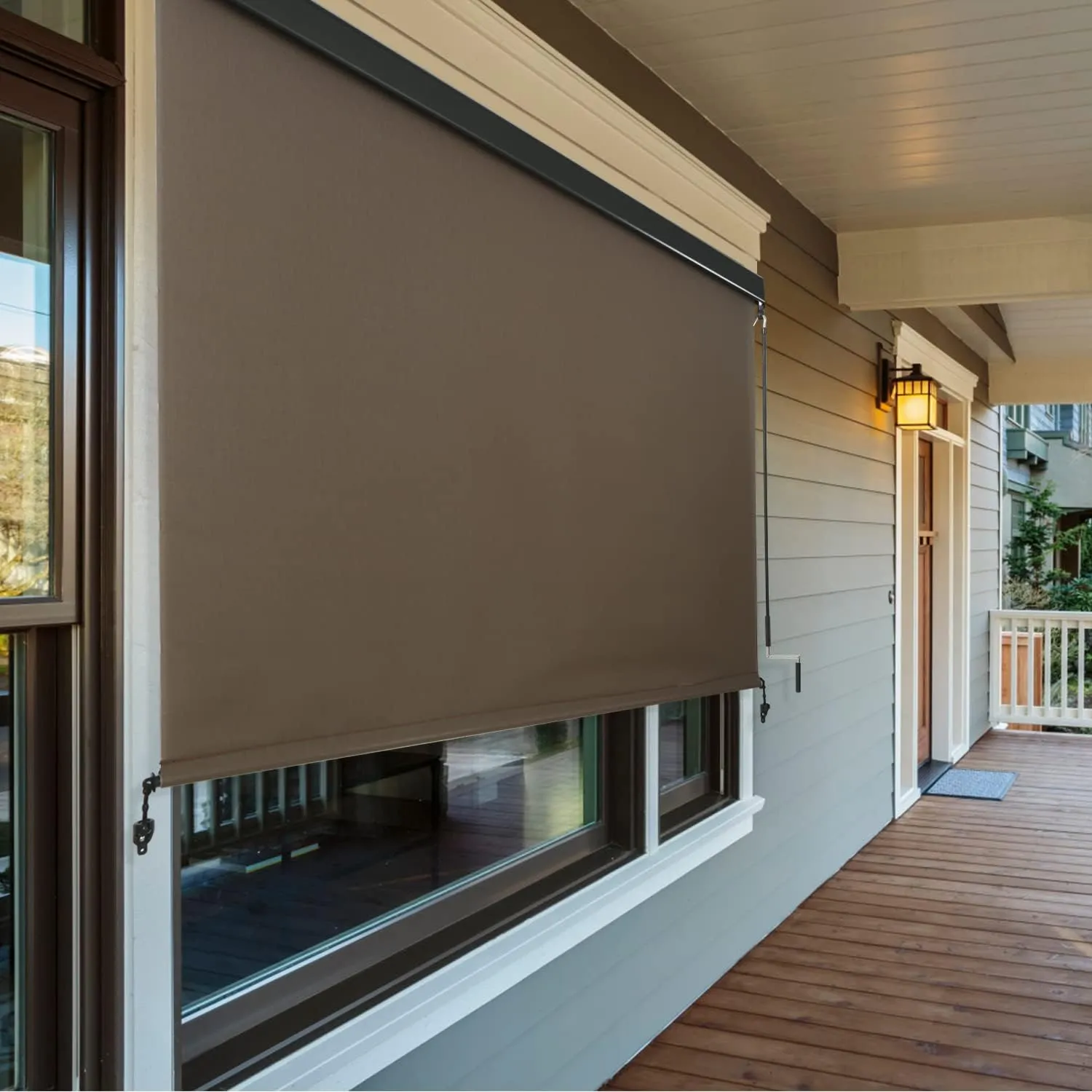 VICLLAX Premium Outdoor Roller Shade Solar Fabric Exterior Roller Shade Crank Operated with Aluminum Protective Valance(7' W X 8' L), Mocha