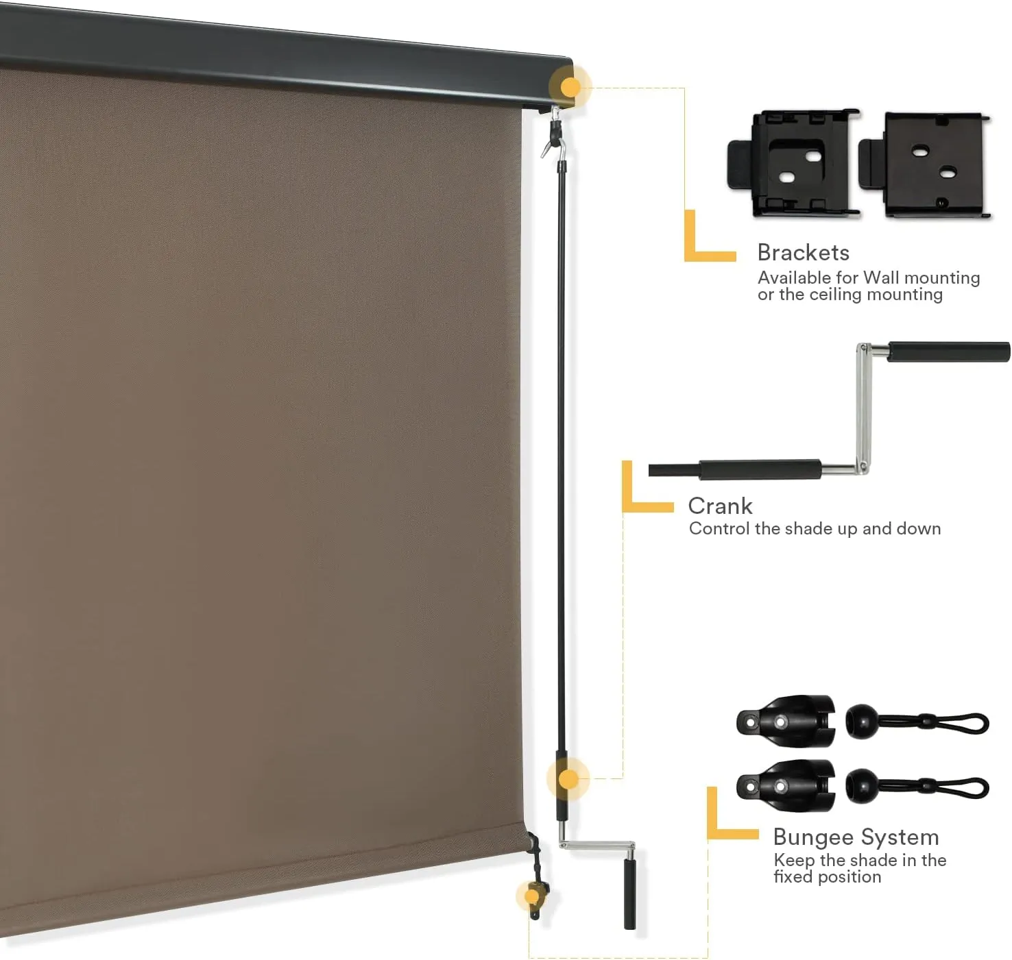 VICLLAX Premium Outdoor Roller Shade Solar Fabric Exterior Roller Shade Crank Operated with Aluminum Protective Valance(7' W X 8' L), Mocha