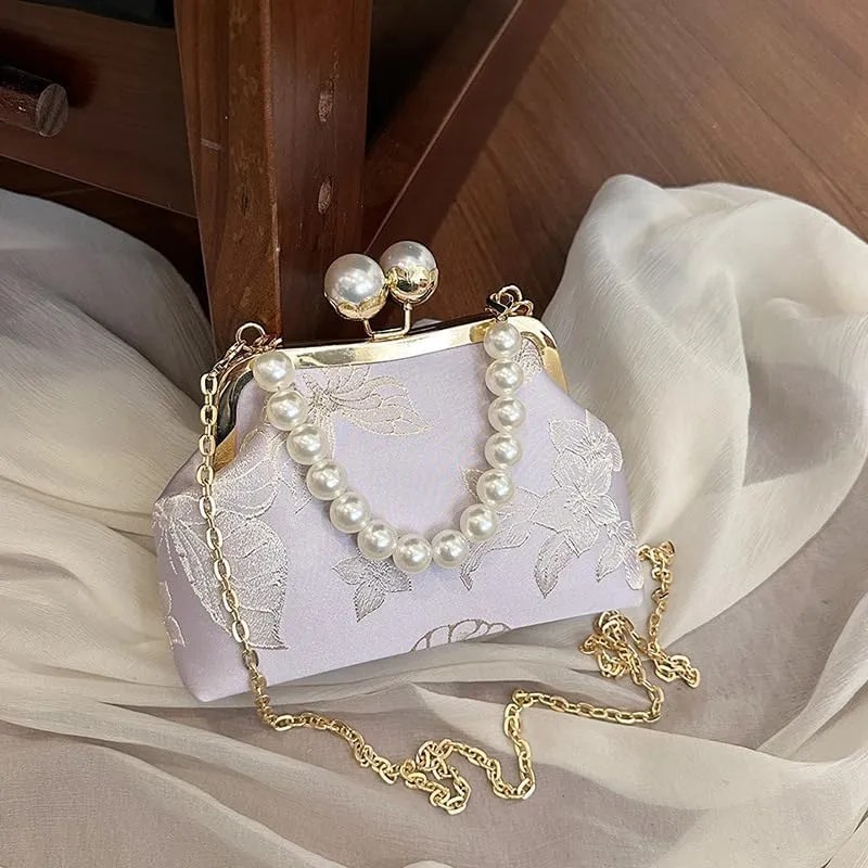 Vintage Printed Lace Clip Handbag With Chain Cheongsam Shoulder Bag For Women