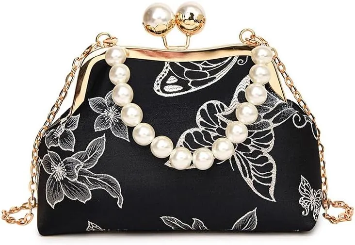 Vintage Printed Lace Clip Handbag With Chain Cheongsam Shoulder Bag For Women