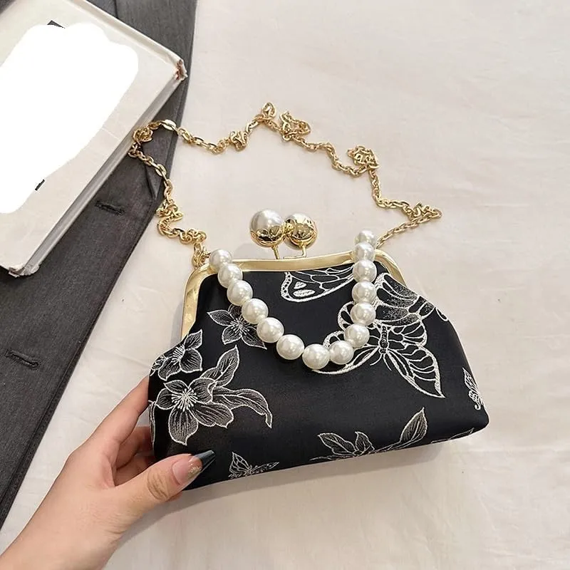 Vintage Printed Lace Clip Handbag With Chain Cheongsam Shoulder Bag For Women