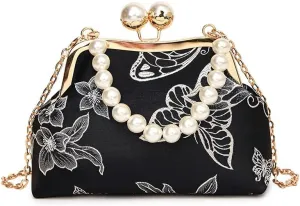 Vintage Printed Lace Clip Handbag With Chain Cheongsam Shoulder Bag For Women