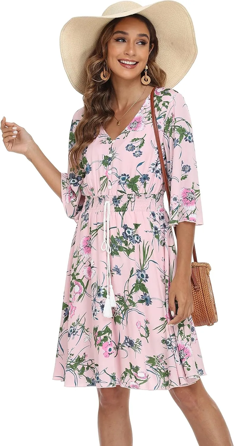 VintageClothing Women's Floral Sundresses Flowy Boho Summer Casual Beach Dress Button Up Midi Party Dress