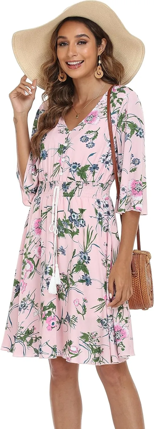 VintageClothing Women's Floral Sundresses Flowy Boho Summer Casual Beach Dress Button Up Midi Party Dress
