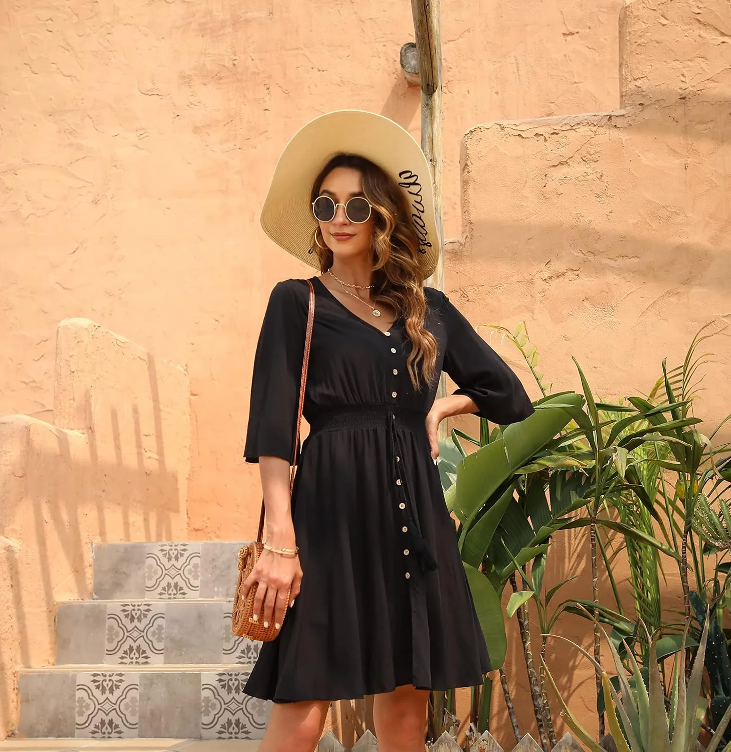 VintageClothing Women's Floral Sundresses Flowy Boho Summer Casual Beach Dress Button Up Midi Party Dress