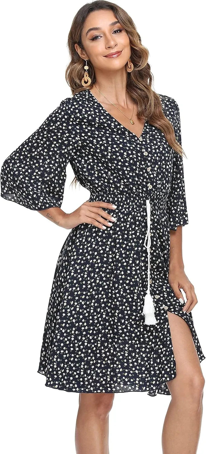 VintageClothing Women's Floral Sundresses Flowy Boho Summer Casual Beach Dress Button Up Midi Party Dress