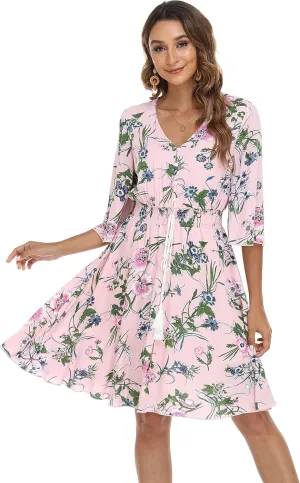 VintageClothing Women's Floral Sundresses Flowy Boho Summer Casual Beach Dress Button Up Midi Party Dress
