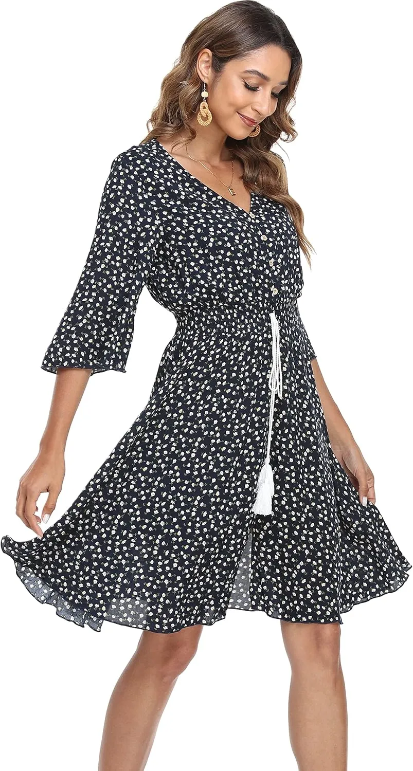 VintageClothing Women's Floral Sundresses Flowy Boho Summer Casual Beach Dress Button Up Midi Party Dress
