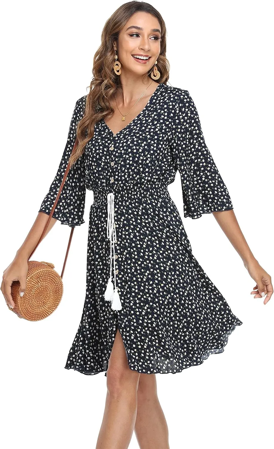 VintageClothing Women's Floral Sundresses Flowy Boho Summer Casual Beach Dress Button Up Midi Party Dress