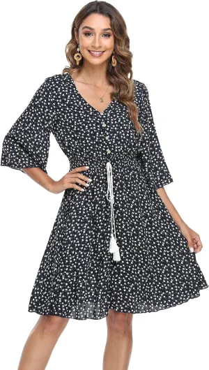 VintageClothing Women's Floral Sundresses Flowy Boho Summer Casual Beach Dress Button Up Midi Party Dress