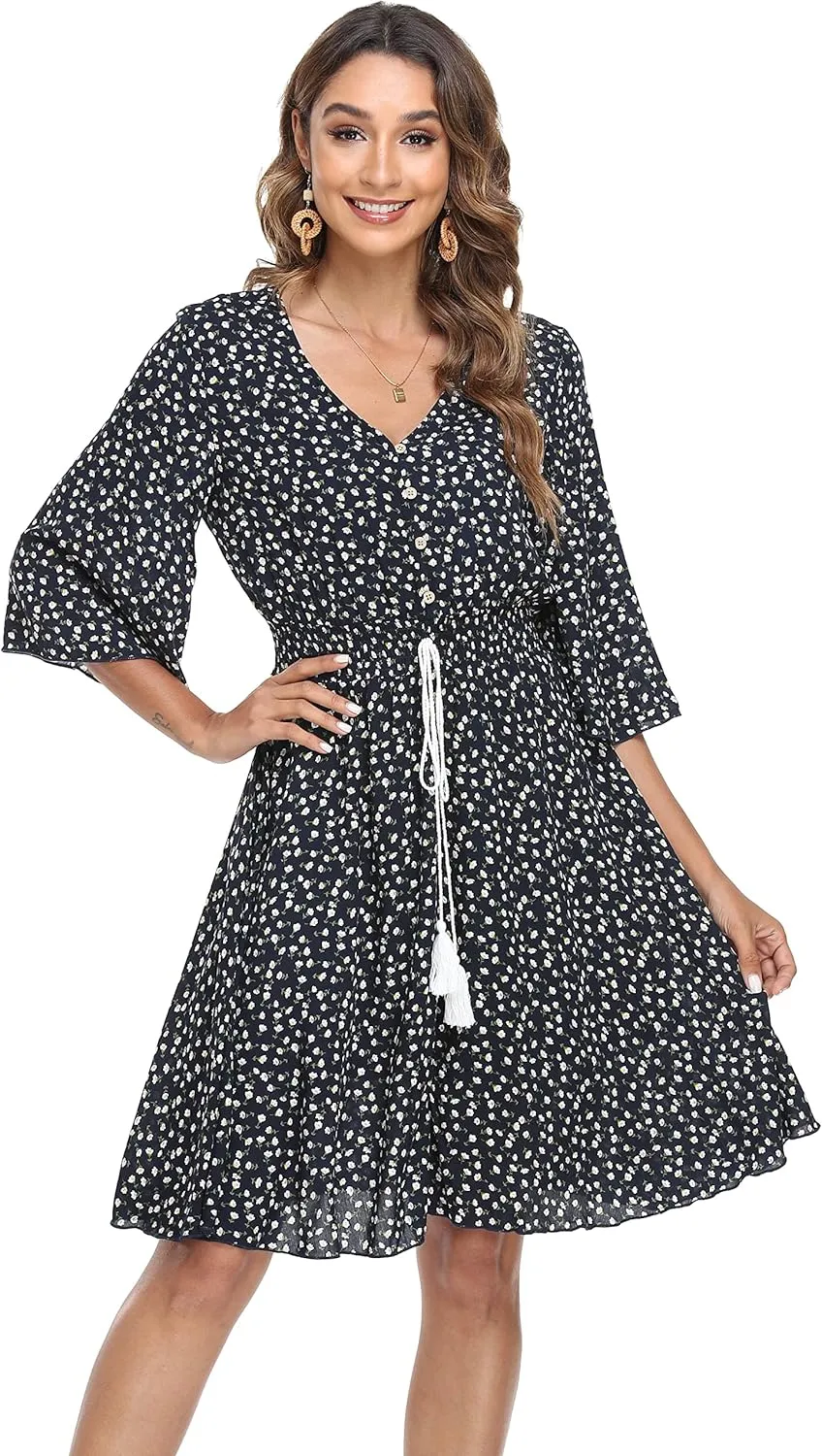 VintageClothing Women's Floral Sundresses Flowy Boho Summer Casual Beach Dress Button Up Midi Party Dress