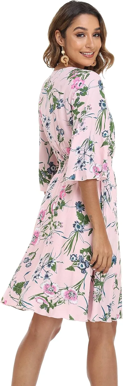VintageClothing Women's Floral Sundresses Flowy Boho Summer Casual Beach Dress Button Up Midi Party Dress