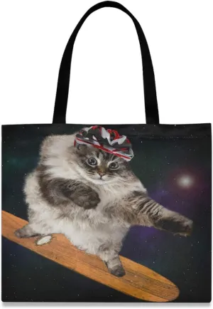 Visesunny Women's Large Canvas Tote Shoulder Bag - Cool Cat With Skateboard Animal Top Storage Handle - Casual Reusable Tote Bag for Beach, Travel, Groceries, Books