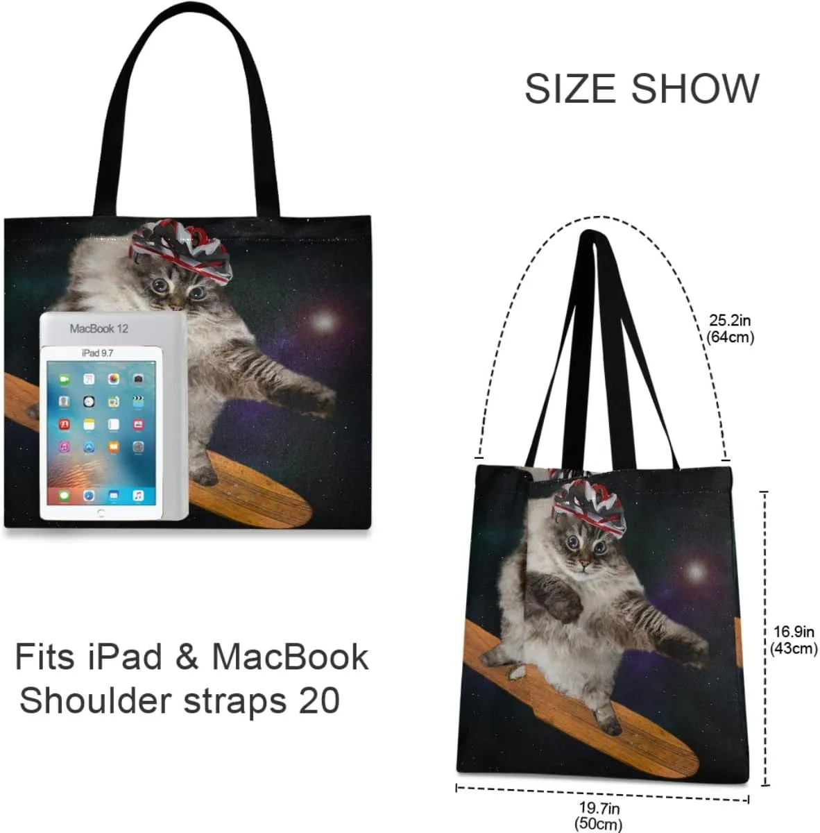 Visesunny Women's Large Canvas Tote Shoulder Bag - Cool Cat With Skateboard Animal Top Storage Handle - Casual Reusable Tote Bag for Beach, Travel, Groceries, Books