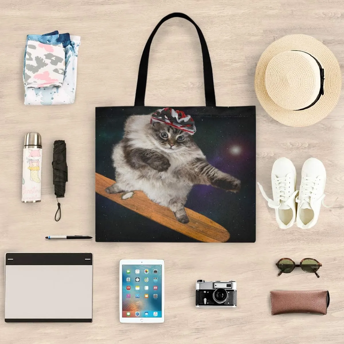 Visesunny Women's Large Canvas Tote Shoulder Bag - Cool Cat With Skateboard Animal Top Storage Handle - Casual Reusable Tote Bag for Beach, Travel, Groceries, Books