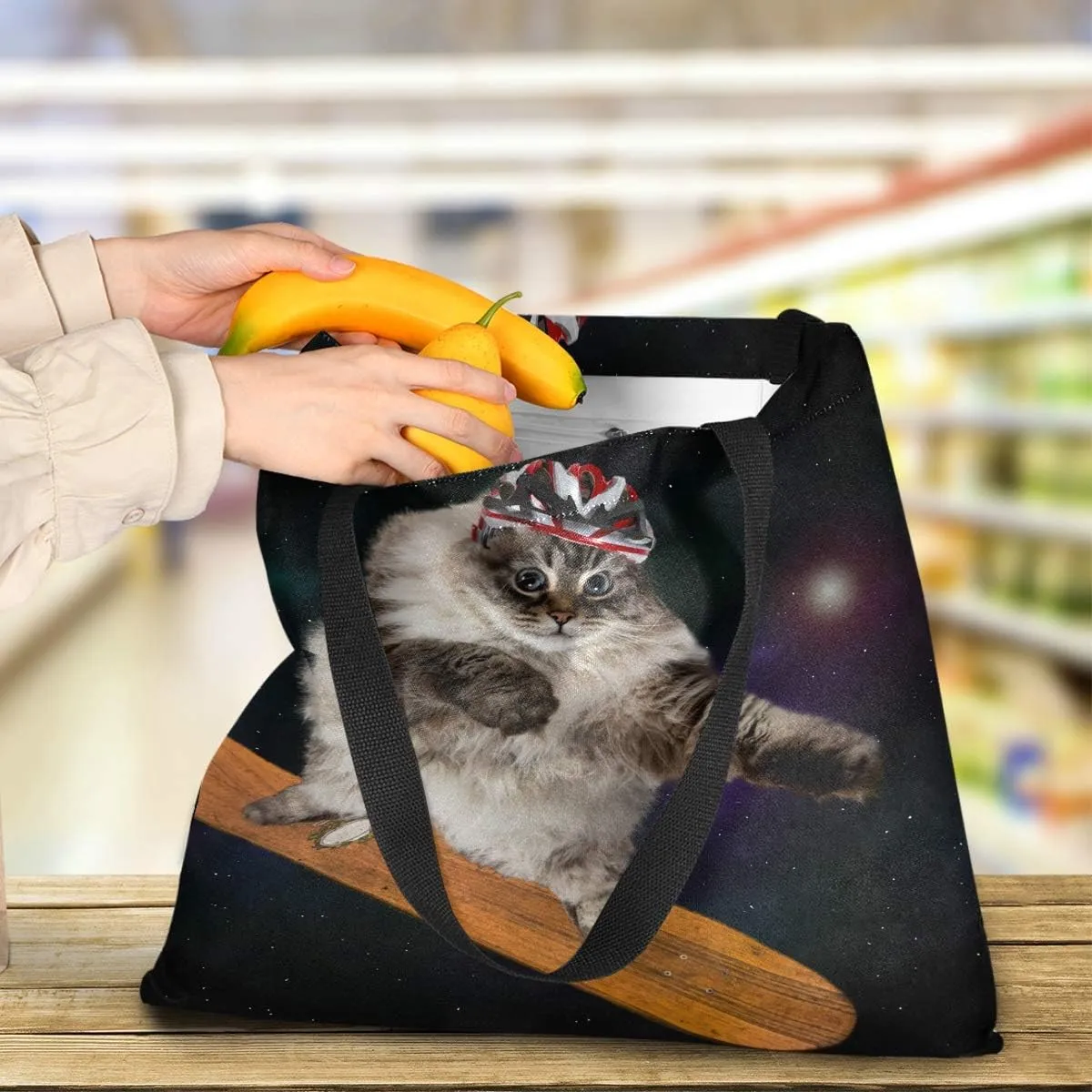 Visesunny Women's Large Canvas Tote Shoulder Bag - Cool Cat With Skateboard Animal Top Storage Handle - Casual Reusable Tote Bag for Beach, Travel, Groceries, Books