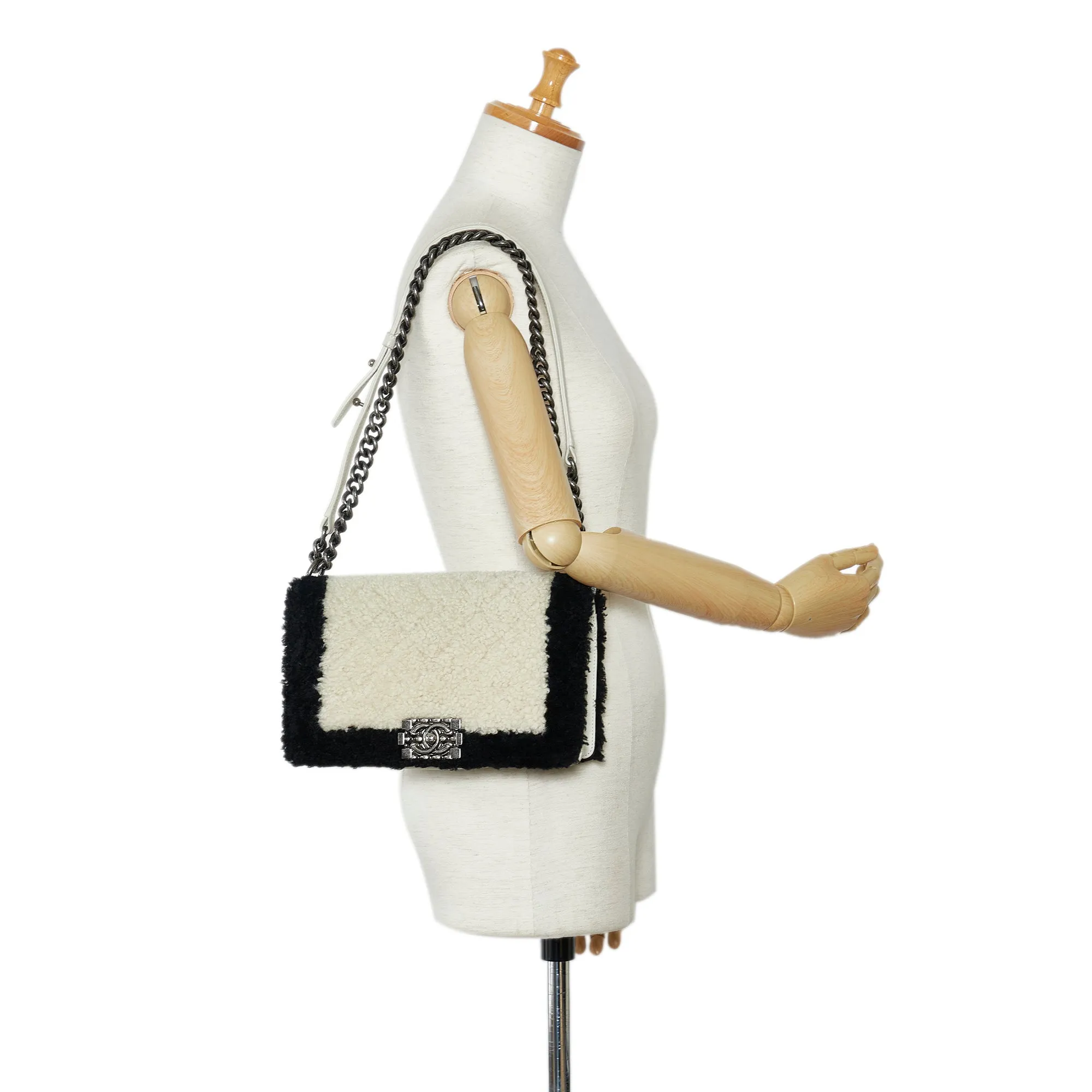 White Chanel Medium Shearling Boy Flap Crossbody Bag