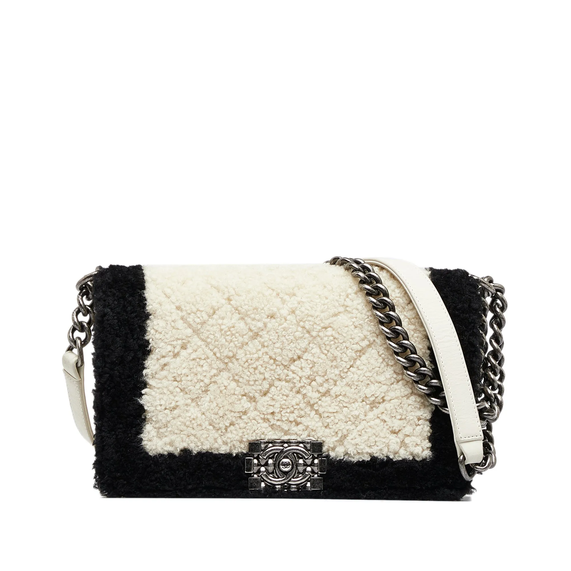 White Chanel Medium Shearling Boy Flap Crossbody Bag