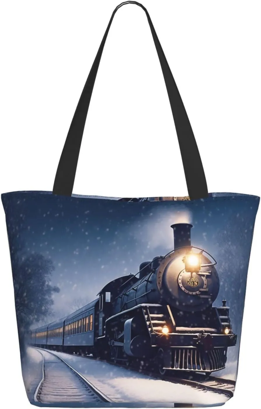 Winter Christmas Snow Night Railway Train Tote Bag for Women Large Shoulder Bag with Zipper Travel Handbag with Pockets Reusable Shopping Bag Casual Aesthetic Beach Bags