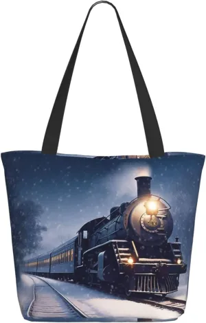 Winter Christmas Snow Night Railway Train Tote Bag for Women Large Shoulder Bag with Zipper Travel Handbag with Pockets Reusable Shopping Bag Casual Aesthetic Beach Bags